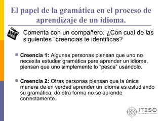 El papel de la gramática en el proceso de
       aprendizaje de un idioma.
      Comenta con un compañero. ¿Con cual de las
      siguientes “creencias te identificas?

    Creencia 1: Algunas personas piensan que uno no
     necesita estudiar gramática para aprender un idioma,
     piensan que uno simplemente lo “pesca” usándolo.

    Creencia 2: Otras personas piensan que la única
     manera de en verdad aprender un idioma es estudiando
     su gramática, de otra forma no se aprende
     correctamente.
 