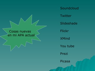 Soundcloud

                   Twitter

                   Slideshade

 Cosas nuevas      Flickr
en mi APA actual
                   XMind

                   You tube

                   Prezi

                   Picasa
 
