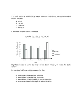 7. ¿Cuál es el área de una región rectangular si su largo es 60 cm y su ancho un tercio de la
medida anterior?

       A. 80 cm2
       B. 180 cm2
       C. 1.200 cm2
       D. 3.600 cm2

8. Analiza el siguiente gráfico y responde.




El gráfico muestra las ventas de arroz y azúcar de un almacén, en cuatro días de la
semana:

De acuerdo al gráfico, a medida que pasan los días:


       A. la venta de arroz y de azúcar aumenta.
       B. la venta de arroz y de azúcar disminuye.
       C. la venta de arroz aumenta y la de azúcar disminuye.
       D. la venta de arroz disminuye y la de azúcar aumenta.
 