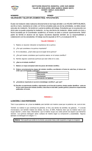 INSTITUCIÓN EDUCATIVA MUNICIPAL LICEO SUR ANDINO
TALLER DE NIVELACIÓN ÁREA QUÍMICA GRADO SEXTO
DOCENTE HAROLD JOJOA ARGOTE
Año - 2021
NOMBRE:_____________________________ GRADO _____________________
VALORACIÓN TALLER 40% EXAMEN FINAL TIPO ICFES 60%
El plan de nivelación debe realizarse directamente en las hojas del taller o en HOJAS CARTA BLANCA,
escrito a mano, resolverse en orden, en forma completa cada una de las actividades, se debe anexar
este plan de nivelación. Se tendrá en cuenta la estética del trabajo. Estudiante que no se presente con
dicho plan no puede presentar la nivelación, no hay otra fecha de nivelación, deben asistir a la hora y
fecha acordada por el Coordinador académico, el horario se dará a conocer oportunamente. Señor
padre de familia el alcance de los logros escolares depende también de su responsabilidad y
colaboración con los estudiantes. El trabajo escrito equivale al 40 % y la evaluación 60 %.
TALLER PERIODO 1
1) Realice un resumen indicando la importancia de la química
2) ¿Por qué consideras a la química importante?
3) En la naturaleza, ¿Cuál crees que es el papel de la química?
4) ¿De qué manera consideras que la química avanza en el campo científico?
5) Nombra algunas sustancias químicas que sean útiles en tu casa.
6) ¿Qué es el método científico?
7) Elabora un mapa conceptual sobre los pasos del método científico.
8) Ordena correctamente las etapas del método científico, escribiendo al frente de cada fase, el número de
orden que corresponde a cada paso
Experimentación
Observación
Conclusiones
Formulación de hipótesis
9) ¿Consideras importante el uso de la metodología científica?, ¿por qué?
10) Escribe un experimento científico, relacionado con el área de la química, donde puedas identificar cada uno
de los cuatro pasos del método científico, descritos en este taller, puedes graficar y basarte en experimentos
publicados en la web.
PERIODO 2
LA MATERIA Y SUS PROPIEDADES
Todo lo que podemos ver y tocar es materia, pero también son materia cosas que no podemos ver, como el aire.
También es materia lo que constituye los planetas, el Sol y las demás las estrellas, las galaxias... Y a escala
microscópica, son también materia las células, los virus, el ADN...Podemos decir que es materia todo lo que
ocupa volumen y tiene masa. Observamos que la materia ocupa una cierta porción de espacio que llamamos
volumen. Los químicos distinguen varios subtipos de materia según su composición y propiedades. Algunos
ejemplos se distinguen en la figura 1.1.
Materia: Todo aquello que existe en el universo, que posee masa y esta ocupando un lugar en el espacio.
 