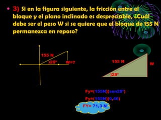 • 3) Si en la figura siguiente, la fricción entre el
bloque y el plano inclinado es despreciable, ¿Cuál
debe ser el peso W si se quiere que el bloque de 155 N
permanezca en reposo?
155 N
W
)28º
155 N
)28º W=?
Fy=(155N)(sen28º)
Fy=(155N)(0,46)
Fy=71,3 NFY= 71,3 N
 