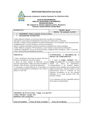 INSTITUCION EDUCATIVA LAS VILLAS
Reconocida oficialmente mediante Resolución No. 002494 de 2001
PLAN DE MEJORAMIENTO
AREA DE TECNOLOGÍA E INFORMÁTICA
NIVELACION ANUAL.
SIE. Capítulo VI. Artículo vigésimo quinto. Numeral b.
Docente: Andrés Ricardo Acosta Mora
ESTUDIANTE: GRADO: décimo
FECHA: 7 de noviembre de 2018
 PERIODO(S): Primero, Segundo, Tercero y Cuarto
 DESEMPEÑOS PENDIENTES:
-Aplica diferentes fórmulas en la hoja de cálculo para visualizar los resultados.
-Describe las características fundamentales de las redes de comunicación y el Internet.
-Identifico e indago sobre los problemas que afectan directamente a mi comunidad, como consecuencia de
la implementación o el retiro de bienes y servicios tecnológicos.
-Busca y organiza información pertinente haciendo uso apropiado del software trabajado
-Utiliza diferentes programas Y/O herramientas para el manejo y presentación de información
-Administrar información a través de una base de datos,utilizando tablas, formularios, filtros y consultas.
- Crea un sitio Web con información de interés
TEMATICAS:
1. Excel, fundamentos de las hojas de cálculo, funciones,
Funciones matemáticas, Funciones Lógicas.
2. Bases de datos, Entorno de Microsoft Access,
Versiones del programa, Tablas, Consultas,Formularios,
Informes, Tipos de datos, Consulta de información
3. Tecnología y sociedad, Historia de la Tecnología, 4.
Software de intercambio de información, Pow Toon 4.2
Emaze 4.3 Tiki Toki
ACTIVIDAD(ES) A DESARROLLAR Y
FECHAS DE CUMPLIMIENTO.
1. A modo de trabajo individual 30% y
trabajo en el aula 50%, los estudiantes deben
realizar los planes de mejoramiento
correspondientes a los períodos primero,
segundo y tercero (trabajos que encuentran en la
página institucional). Adicional realizar en tres
presentaciones sobre la evolución de tres
artefactos tecnológicos en los tres software
trabajados en el cuarto períodos (Tiki toki,
Powtoon e Emaze)
2. La evaluación será oral y expondrán cada uno
de los planes de mejoramiento.
CRITERIOS DE EVALUACION. Trabajo en el aula 50% .
Trabajo individual o grupal 30%
Evaluación oral o escrita 20%
Firma del Estudiante Firma del Padre de Familia Firma del Coordinador
 