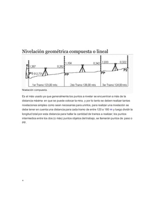Nivelación geométrica compuesta o lineal
Nivelación compuesta.
Es el más usado ya que generalmente los puntos a nivelar se encuentran a más de la
distancia máxima en que se puede colocar la mira, y por lo tanto se deben realizar tantas
nivelaciones simples como sean necesarias para unirlos, para realizar una nivelación se
debe tener en cuenta una distancia para cada tramo de entre 120 a 180 m y luego dividir la
longitud total por esta distancia para hallar la cantidad de tramos a realizar; los puntos
intermedios entre los dos (o más) puntos objetos del trabajo, se llamarán puntos de paso o
PP.
+
 