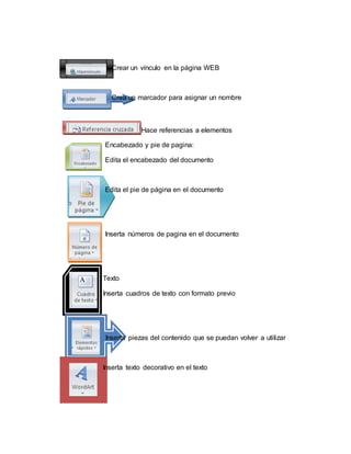 Crear un vínculo en la página WEB
Crea un marcador para asignar un nombre
Hace referencias a elementos
Encabezado y pie de pagina:
Edita el encabezado del documento
Edita el pie de página en el documento
Inserta números de pagina en el documento
Texto
Inserta cuadros de texto con formato previo
Inserta piezas del contenido que se puedan volver a utilizar
Inserta texto decorativo en el texto
 