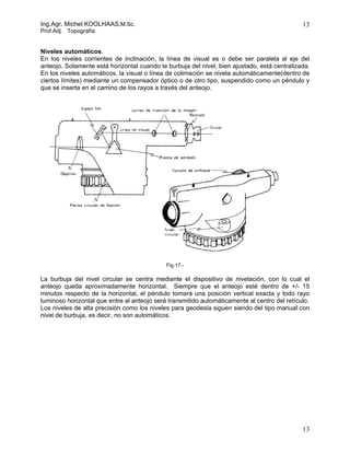 Ing.Agr. Michel KOOLHAAS,M.Sc.                                                                13
Prof.Adj. Topografía


Niveles automáticos.
En los niveles corrientes de inclinación, la línea de visual es o debe ser paralela al eje del
anteojo. Solamente está horizontal cuando la burbuja del nivel, bien ajustado, está centralizada.
En los niveles automáticos, la visual o línea de colimación se nivela automáticamente(dentro de
ciertos límites) mediante un compensador óptico o de otro tipo, suspendido como un péndulo y
que se inserta en el camino de los rayos a través del anteojo.




                                             Fig.17.-

La burbuja del nivel circular se centra mediante el dispositivo de nivelación, con lo cual el
anteojo queda aproximadamente horizontal. Siempre que el anteojo esté dentro de +/- 15
minutos respecto de la horizontal, el péndulo tomará una posición vertical exacta y todo rayo
luminoso horizontal que entre al anteojo será transmitido automáticamente al centro del retículo.
Los niveles de alta precisión como los niveles para geodesia siguen siendo del tipo manual con
nivel de burbuja, es decir, no son automáticos.




                                                                                              13
 