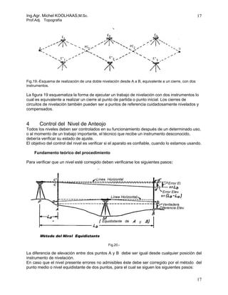 Ing.Agr. Michel KOOLHAAS,M.Sc.                                                                         17
Prof.Adj. Topografía




Fig.19.-Esquema de realización de una doble nivelación desde A a B, equivalente a un cierre, con dos
instrumentos.

La figura 19 esquematiza la forma de ejecutar un trabajo de nivelación con dos instrumentos lo
cual es equivalente a realizar un cierre al punto de partida o punto inicial. Los cierres de
circuitos de nivelación también pueden ser a puntos de referencia cuidadosamente nivelados y
compensados.


4      Control del Nivel de Anteojo
Todos los niveles deben ser controlados en su funcionamiento después de un determinado uso,
o al momento de un trabajo importante, el técnico que recibe un instrumento desconocido,
debería verificar su estado de ajuste.
El objetivo del control del nivel es verificar si el aparato es confiable, cuando lo estamos usando.

    Fundamento teórico del procedimiento

Para verificar que un nivel esté corregido deben verificarse los siguientes pasos:




                                                Fig.20.-

La diferencia de elevación entre dos puntos A y B debe ser igual desde cualquier posición del
instrumento de nivelación.
En caso que el nivel presente errores no admisibles éste debe ser corregido por el método del
punto medio o nivel equidistante de dos puntos, para el cual se siguen los siguientes pasos:

                                                                                                       17
 