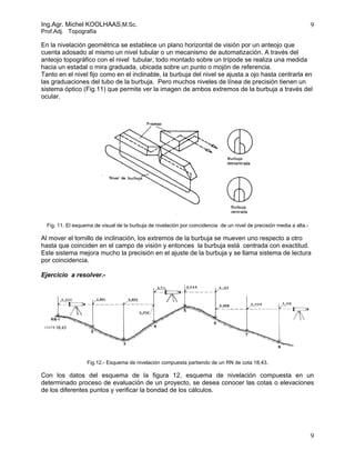 Ing.Agr. Michel KOOLHAAS,M.Sc.                                                                                         9
Prof.Adj. Topografía

En la nivelación geométrica se establece un plano horizontal de visión por un anteojo que
cuenta adosado al mismo un nivel tubular o un mecanismo de automatización. A través del
anteojo topográfico con el nivel tubular, todo montado sobre un trípode se realiza una medida
hacia un estadal o mira graduada, ubicada sobre un punto o mojón de referencia.
Tanto en el nivel fijo como en el inclinable, la burbuja del nivel se ajusta a ojo hasta centrarla en
las graduaciones del tubo de la burbuja. Pero muchos niveles de línea de precisión tienen un
sistema óptico (Fig.11) que permite ver la imagen de ambos extremos de la burbuja a través del
ocular.




  Fig. 11. El esquema de visual de la burbuja de nivelación por coincidencia de un nivel de precisión media a alta.-

Al mover el tornillo de inclinación, los extremos de la burbuja se mueven uno respecto a otro
hasta que coinciden en el campo de visión y entonces la burbuja está centrada con exactitud.
Este sistema mejora mucho la precisión en el ajuste de la burbuja y se llama sistema de lectura
por coincidencia.

Ejercicio a resolver.-




                   Fig.12.- Esquema de nivelación compuesta partiendo de un RN de cota 18,43.

Con los datos del esquema de la figura 12, esquema de nivelación compuesta en un
determinado proceso de evaluación de un proyecto, se desea conocer las cotas o elevaciones
de los diferentes puntos y verificar la bondad de los cálculos.




                                                                                                                       9
 