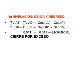 b) NIVELACION: DE IDA Y REGRESO: 
•ΣV.AT – ΣV.AD = Cota(LL) – Cota(P) 
11.816 – 11.805 = 345.161 – 345.150 
• 0.011 = 0.011 →ERROR DE CIERRE POR EXCESO  