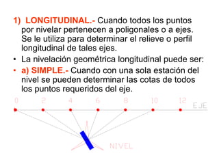1) LONGITUDINAL.- Cuando todos los puntos por nivelar pertenecen a poligonales o a ejes. Se le utiliza para determinar el relieve o perfil longitudinal de tales ejes. 
•La nivelación geométrica longitudinal puede ser: 
•a) SIMPLE.- Cuando con una sola estación del nivel se pueden determinar las cotas de todos los puntos requeridos del eje.  