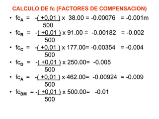 CALCULO DE fc (FACTORES DE COMPENSACION) 
•fcA = -( +0,01 ) x 38.00 = -0.00076 = -0.001m 
500 
•fcB = -( +0,01 ) x 91.00 = -0.00182 = -0.002 
500 
•fcC = -( +0,01 ) x 177.00= -0.00354 = -0.004 
500 
•fcD = -( +0,01 ) x 250.00= -0.005 
500 
•fcA = -( +0,01 ) x 462.00= -0.00924 = -0.009 
500 
•fcBM = -( +0,01 ) x 500.00= -0.01 
500  
