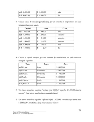 ____________________________________
Curso de Matemática Básica
Professor: FLÁVIO LUIZ ROSSINI
38
e) $ 2.420,00 $ 2.400,00 1 mês
f) $ 4.002,00 $ 4.000,00 1 dia
3- Calcule a taxa de juros (no período) paga por um tomador de empréstimos em cada
uma das situações a seguir.
Capital Juro Prazo
a) $ 3.500,00 $ 400,00 1 ano
b) $ 8.000,00 $ 1.200,00 1 semestre
c) $ 4.300,00 $ 210,00 1 trimestre
d) $ 5.400,00 $ 220,00 1 bimestre
e) $ 9.000,00 $ 150,00 1 mês
f) $ 6.700,00 $ 2,50 1 dia
4- Calcule o capital recebido por um tomador de empréstimos em cada uma das
situações seguintes.
Taxa Prazo Juro
a) 28% a.a. 1 ano $ 14.000,00
b) 12% a.s. 1 semestre $ 24.000,00
c) 3,8% a.t. 1 trimestre $ 7.600,00
d) 4% a.b. 1 bimestre $ 10.800,00
e) 1,8% a.m. 1 mês $ 3.600,00
f) 0,06% a.d. 1 dia $ 6.000,00
5- Um banco anuncia o seguinte: “aplique hoje $ 666,67 e receba $ 1.000,00 daqui a
um ano”. Qual a taxa anual de juros paga pelo banco?
6- Um banco anuncia o seguinte: “aplique hoje $ 10.000,00 e receba daqui a três anos
$ 20.000,00”. Qual a taxa paga pelo banco no triênio?
 