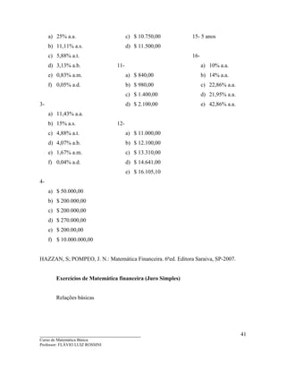 ____________________________________
Curso de Matemática Básica
Professor: FLÁVIO LUIZ ROSSINI
41
a) 25% a.a.
b) 11,11% a.s.
c) 5,88% a.t.
d) 3,13% a.b.
e) 0,83% a.m.
f) 0,05% a.d.
3-
a) 11,43% a.a.
b) 15% a.s.
c) 4,88% a.t.
d) 4,07% a.b.
e) 1,67% a.m.
f) 0,04% a.d.
4-
a) $ 50.000,00
b) $ 200.000,00
c) $ 200.000,00
d) $ 270.000,00
e) $ 200.00,00
f) $ 10.000.000,00
c) $ 10.750,00
d) $ 11.500,00
11-
a) $ 840,00
b) $ 980,00
c) $ 1.400,00
d) $ 2.100,00
12-
a) $ 11.000,00
b) $ 12.100,00
c) $ 13.310,00
d) $ 14.641,00
e) $ 16.105,10
15- 5 anos
16-
a) 10% a.a.
b) 14% a.a.
c) 22,86% a.a.
d) 21,95% a.a.
e) 42,86% a.a.
HAZZAN, S; POMPEO, J. N.: Matemática Financeira. 6ªed. Editora Saraiva, SP-2007.
Exercícios de Matemática financeira (Juro Simples)
Relações básicas
 