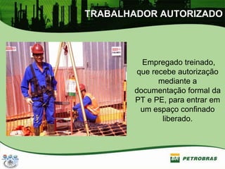 TRABALHADOR AUTORIZADO
Empregado treinado,
que recebe autorização
mediante a
documentação formal da
PT e PE, para entrar em
um espaço confinado
liberado.
 