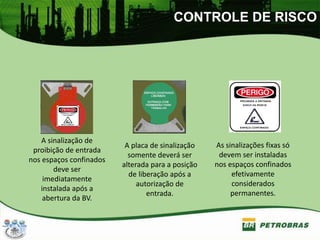A sinalização de
proibição de entrada
nos espaços confinados
deve ser
imediatamente
instalada após a
abertura da BV.
As sinalizações fixas só
devem ser instaladas
nos espaços confinados
efetivamente
considerados
permanentes.
A placa de sinalização
somente deverá ser
alterada para a posição
de liberação após a
autorização de
entrada.
CONTROLE DE RISCO
 