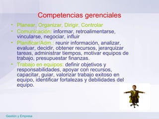 Competencias gerenciales Planear, Organizar, Dirigir, Controlar Comunicación:  informar, retroalimentarse, vincularse, negociar, influir Planificar/Adm.:  reunir información, analizar, evaluar, decidir, obtener recursos, jerarquizar tareas, administrar tiempos, motivar equipos de trabajo, presupuestar finanzas.  Trabajo en equipos:  definir objetivos y responsabilidades, apoyar con recursos, capacitar, guiar, valorizar trabajo exitoso en equipo, identificar fortalezas y debilidades del equipo.  Gestión y Empresa 