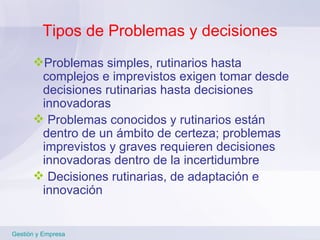 Tipos de Problemas y decisiones Problemas simples, rutinarios hasta complejos e imprevistos exigen tomar desde decisiones rutinarias hasta decisiones innovadoras Problemas conocidos y rutinarios están dentro de un ámbito de certeza; problemas imprevistos y graves requieren decisiones innovadoras dentro de la incertidumbre Decisiones rutinarias, de adaptación e innovación  Gestión y Empresa 