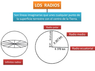 LOS RADIOS
Son líneas imaginarias que unes cualquier punto de
la superficie terrestre con el centro de la Tierra.
Radio polar
Radio ecuatorial
Infinitos radios
Radio medio
 
