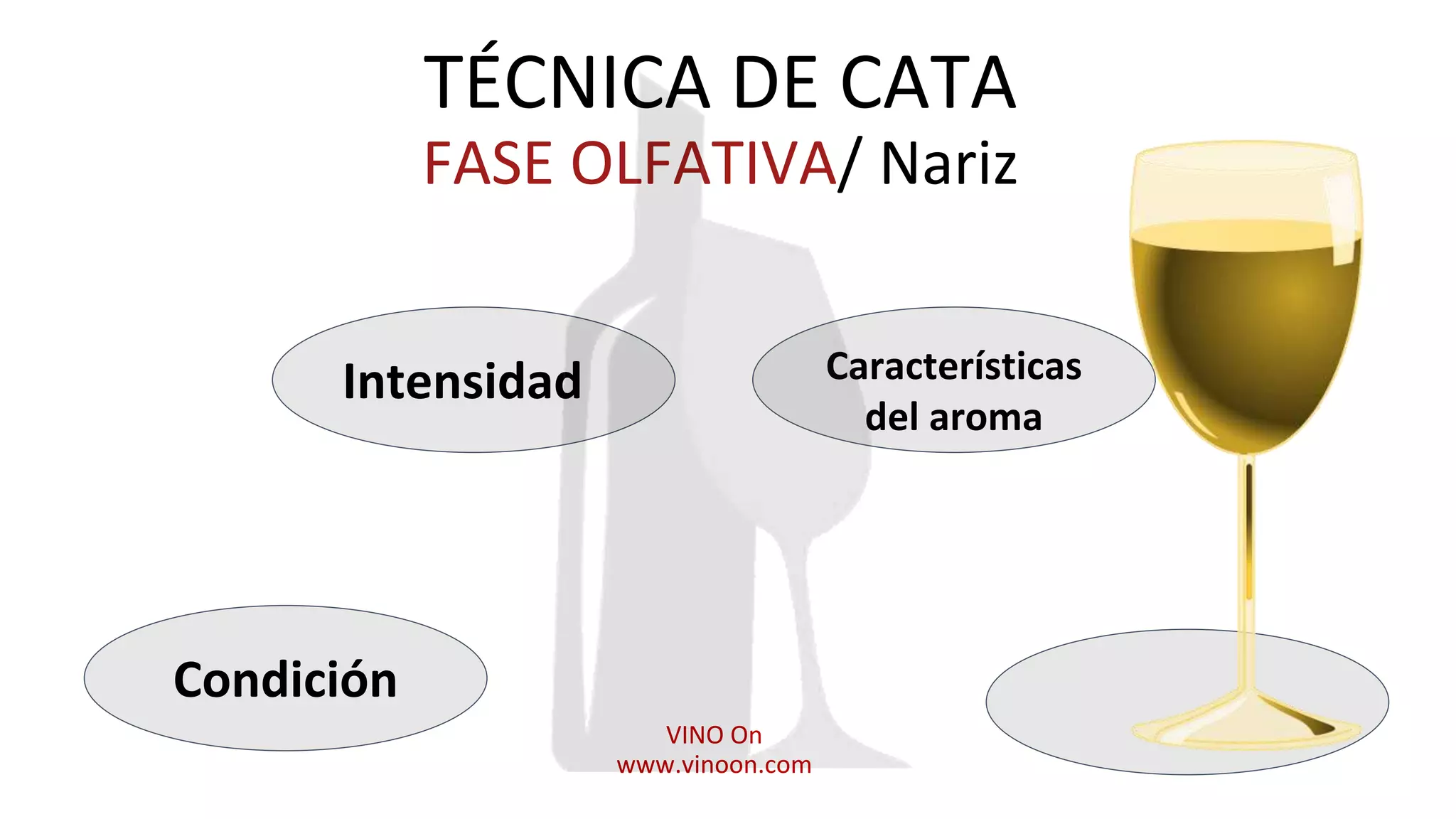 TÉCNICA DE CATA
FASE OLFATIVA/ Nariz
Intensidad Características
del aroma
Condición
VINO On
www.vinoon.com
 