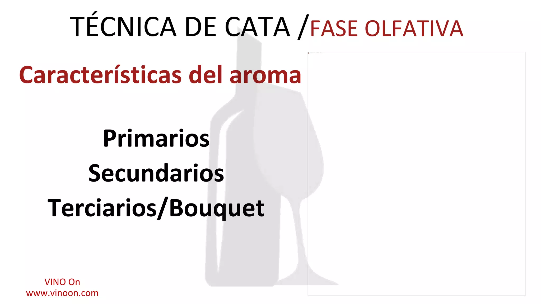 Características del aroma
VINO On
www.vinoon.com
Primarios
Secundarios
Terciarios/Bouquet
TÉCNICA DE CATA /FASE OLFATIVA
Ilustración: Marcelo Marchese
 