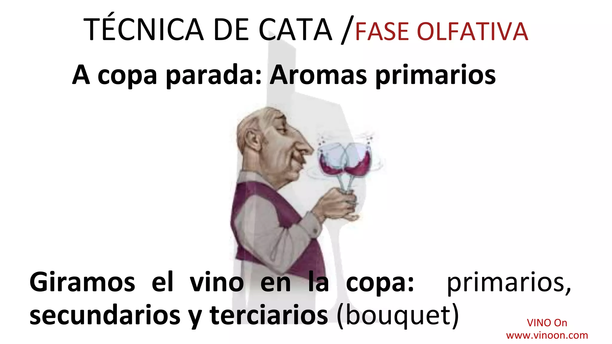 TÉCNICA DE CATA /FASE OLFATIVA
A copa parada: Aromas primarios
Giramos el vino en la copa: primarios,
secundarios y terciarios (bouquet) VINO On
www.vinoon.com
 