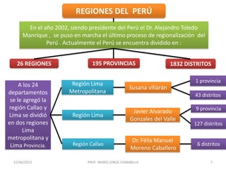 22/06/2013 PROF: MARIO JORGE CHAMBILLA 7
REGIONES DEL PERÚ
En el año 2002, siendo presidente del Perú el Dr. Alejandro Toledo
Manrique , se puso en marcha el último proceso de regionalización del
Perú . Actualmente el Perú se encuentra dividido en :
26 REGIONES 195 PROVINCIAS 1832 DISTRITOS
A los 24
departamentos
se le agregó la
región Callao y
Lima se dividió
en dos regiones
Lima
metropolitana y
Lima Provincia.
Región Lima
Metropolitana
Región Lima
Región Callao
Susana villarán
Javier Alvarado
Gonzales del Valle
Dr. Félix Manuel
Moreno Caballero
43 distritos
1 provincia
9 provincia
127 distritos
6 distritos
 