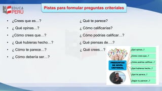 Pistas para formular preguntas criteriales
• ¿Crees que es…? ¿ Qué te parece?
• ¿ Qué opinas…? ¿ Cómo calificarías?
• ¿Cómo crees que…? ¿ Cómo podrías calificar…?
• ¿ Qué hubieras hecho…? ¿ Qué piensas de….?
• ¿ Cómo te parece…? ¿ Qué crees…?
• ¿ Cómo debería ser…?
 