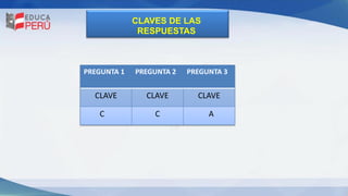 CLAVES DE LAS
RESPUESTAS
PREGUNTA 1 PREGUNTA 2 PREGUNTA 3
CLAVE CLAVE CLAVE
C C A
 
