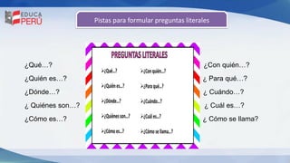 Pistas para formular preguntas literales
¿Qué…? ¿Con quién…?
¿Quién es…? ¿ Para qué…?
¿Dónde…? ¿ Cuándo…?
¿ Quiénes son…? ¿ Cuál es…?
¿Cómo es…? ¿ Cómo se llama?
 