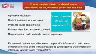 El lector completa el texto con el ejercicio de su
pensamiento; por ello, tendremos que enseñar a los niños :
A predecir resultados.
Deducir enseñanzas y mensajes.
Proponer títulos para un texto
Plantear ideas fuerza sobre el contenido
Recomponer un texto variando hechos, lugares,etc.
Es necesario señalar que si hacemos comprensión inferencial a partir de una
comprensión literal pobre lo más probable es que tengamos una comprensión
inferencial también pobre (Pinzas,2007)
 