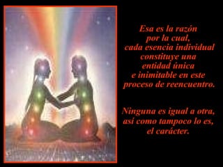 Esa es la razón  por la cual,  cada esencia individual constituye una  entidad única  e inimitable en este  proceso de reencuentro. Ninguna es igual a otra,  así como tampoco lo es,  el carácter.   