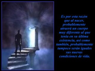 Es por esta razón
      que al nacer,
     probablemente
   atraerá un cuerpo
  muy diferente al que
   tenía en su última
  existencia, así como
también, probablemente
 tampoco serán iguales
       sus nuevas
  condiciones de vida.
 