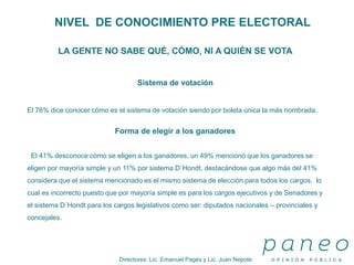 Directores: Lic. Emanuel Pagés y Lic. Juan Nepote
NIVEL DE CONOCIMIENTO PRE ELECTORAL
LA GENTE NO SABE QUÉ, CÓMO, NI A QUIÉN SE VOTA
Sistema de votación
El 76% dice conocer cómo es el sistema de votación siendo por boleta única la más nombrada.
Forma de elegir a los ganadores
El 41% desconoce cómo se eligen a los ganadores, un 49% mencionó que los ganadores se
eligen por mayoría simple y un 11% por sistema D´Hondt, destacándose que algo más del 41%
considera que el sistema mencionado es el mismo sistema de elección para todos los cargos, lo
cual es incorrecto puesto que por mayoría simple es para los cargos ejecutivos y de Senadores y
el sistema D´Hondt para los cargos legislativos como ser: diputados nacionales – provinciales y
concejales.
 
