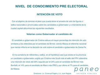 Directores: Lic. Emanuel Pagés y Lic. Juan Nepote
NIVEL DE CONOCIMIENTO PRE ELECTORAL
INTENCIÓN DE VOTO
Con el objetivo de conocer el peso que pueda tener el arrastre de voto de figuras o
sellos nacionales o provinciales sobre los candidatos a gobernador y a intendente de la
ciudad capital obtuvimos los siguientes resultados
Votarían como Gobernador al candidato de:
El candidato a gobernador de Cristina obtuvo el mayor porcentaje de intención de voto
similares a los obtenidos por el candidato de Binner, siendo Massa el referente nacional
que menos influiría en la decisión de voto sobre el candidato a gobernador de Santa Fe.
En la sumatoria de referentes y sellos, en el hipotético caso que exista en la provincia
un candidato a gobernador ungido por Cristina más Scioli más el sello del FPV obtendría
una intención de votos del 29% seguido por el 24% para el candidato de Binner más
Bonfatti; el 14% para el candidato de Macri más PRO y por último el 7% para el candidato
de Massa.
 
