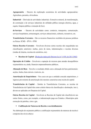 xxxi
Agropecuária – Decorre da exploração económica de actividades agropecuárias:
Agricultura, pecuária, silvicultura.
Industrial· – Derivada de actividades industriais: Extractiva mineral, de transformação,
de construção e de serviços industriais de utilidade pública (energia eléctrica, água, e
esgoto, limpeza pública e remoção de lixo).
de Serviços – Decorre de actividades como: comércio, transportes, comunicação,
serviços hospitalares, armazenagem, serviços educacionais, culturais, recreativos, etc.
Transferências Correntes – São os recursos financeiros recebidos de pessoas jurídicas
ou físicas. ICMS – IPVA - FPM
Outras Receitas Correntes – Envolvem diversas outras receitas não enquadradas nas
classificações anteriores: multas, juros de mora, indemnizações e receitas diversas
(rendas de lotarias, receitas de cemitérios, etc).
 Receitas de Capital: (Redacção dada pelo Decreto Lei nº 1.939, de 20.5.1982)
Operações de Crédito – Envolvem a captação de recursos para atender desequilíbrios
orçamentários ou, ainda, financiar empreendimentos públicos.
Alienação de Bens – Envolve o resultado obtido com a alienação de bens patrimoniais:
acções, títulos, bens móveis e imóveis, etc.
Amortização de Empréstimos – Nos casos em que a entidade concede empréstimos, o
ingresso proveniente da amortização dos mesmos caracteriza uma receita de capital.
Transferências de Capital – Similar às Transferências Correntes, as receitas de
Transferências de Capital têm como critério básico de classificação a destinação, isto é,
devem ser aplicadas em Despesas de Capital.
Outras Receitas de Capital – Envolvem as Receitas de Capital não classificáveis nas
outras fontes, como, por exemplo, a indemnização paga aos Estados e Municípios pela
extracção de petróleo, xisto e gás.
 Codificação da Natureza da Receita e seu detalhamento
Na elaboração do orçamento público a codificação orçamentária da natureza da receita é
composta dos níveis abaixo:
 