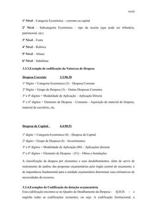 xxxii
1º Nível – Categoria Económica – corrente ou capital
2º Nível – Subcategoria Económica – tipo da receita (que pode ser tributária,
patrimonial, etc).
3º Nível – Fonte
4º Nível – Rubrica
5º Nível – Alínea
6º Nível – Subalínea
3.3.3.Exemplo de codificação da Natureza de Despesa
Despesa Corrente 3.3.90.30
1º Dígito = Categoria Económica (3) – Despesa Corrente
2º Dígito = Grupo de Despesa (3) – Outras Despesas Correntes
3º e 4º dígitos = Modalidade de Aplicação – Aplicação Directa
5º e 6º dígitos = Elemento de Despesa – Consumo - Aquisição de material de limpeza,
material de escritório, etc.
Despesa de Capital 4.4.90.51
1º dígito = Categoria Económica (4) – Despesa de Capital
2º dígito = Grupo de Despesa (4) – Investimentos
3º e 4º dígitos = Modalidade de Aplicação (90) – Aplicações directas
5º e 6º dígitos = Elemento de Despesa – (51) – Obras e Instalações
A classificação da despesa por elementos e seus desdobramentos, além de servir de
instrumento de análise das propostas orçamentárias pelo órgão central de orçamento, é
de importância fundamental para a unidade orçamentária determinar suas estimativas de
necessidades de recursos.
3.3.4.Exemplos de Codificação da dotação orçamentária
Esta codificação encontra-se no Quadro de Detalhamento da Despesa - Q.D.D. - e
engloba todas as codificações existentes, ou seja: A codificação Institucional, a
 