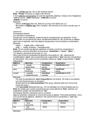 It’s a pretty nice day. (Es un día bastante bonito.)
Nota: “Pretty” se usa en un inglés más informal.
2. Con adjetivos comparativos se usan las siguientes palabras o frases como mitigadores:
a bit (un poco), rather (bastante), a little bit (un poco),
slightly (un poco)…
Ejemplos:
Dave is a bit faster than me. (Dave es un poco más rápido que yo.)
My brother is slightly taller than my father. (Mi hermano es un poco más alto que mi
padre.)
Lesson 4.5
Comparative Adverbs
Los adverbios comparativos
Al igual que con los adjetivos, podemos hacer comparaciones con adverbios. Como
hemos visto, en la mayoría de casos, simplemente añadimos “-ly” al final de un adjetivo
para crear un adverbio, pero hay algunas excepciones como se explica a continuación.
Ejemplos:
happy → happily (feliz – felizmente)
quiet → quietly (tranquilo – tranquilamente)
Nota: Ten en cuenta que algunos adverbios no tienen una forma comparativa ni
superlativa, como los adverbios de frecuencia: “sometimes” y “never”, “often”…
“-ly” Adverbs (Adverbios terminando en “-ly”)
Para crear la forma comparativa de adverbios terminando en “-ly”, utilizamos los
cuantificadores “more” para comparativos de superioridad o “less” para los comparativos
de inferioridad. Para crear la forma superlativa utilizamos “most” (superioridad) o “least”
(inferioridad).
Adjetivo Adverbio Comparativo Superlativo
quick quickly
rápidamente
more/less
quickly
most/leastquickly
easy easily
fácilmente
more/less
easily
most/least
easily
careful carefully
cuidadosamente
more/less
carefully
most/leastcarefully
Ejemplos:
He visits his grandparents more frequentlythan his brother. (Él visita a sus abuelos
con más frecuencia que su hermano.)
Brenda dances the most beautifully of the group. (Brenda baila de la forma más
bonita del grupo.)
I am less easily distracted than you. (Yo me distraigo con menos facilidad que tú.)
Nota: No olvides que cuando comparamos dos cosas utilizamos “than”. Además, los
superlativos pueden ser precedidos por “the”.
Unchanging Adverbs (Adverbios que no cambian)
Algunos adverbios mantienen la misma forma que el adjetivo. Para estos adverbios, como
con sus formas de adjetivos, añadimos “-er” para formar el comparativo y “-est” para
formar el superlativo.
Adjetivo Adverbio Comparativo Superlativo
hard hard
duramente
harder hardest
fast fast
rápidamente
faster fastest
Ejemplos:
 