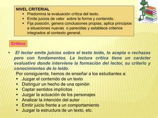  El lector emite juicios sobre el texto leído, lo acepta o rechazas
pero con fundamentos. La lectura crítica tiene un carácter
evaluativo donde interviene la formación del lector, su criterio y
conocimientos de lo leído.
Por consiguiente, hemos de enseñar a los estudiantes a:
 Juzgar el contenido de un texto
 Distinguir un hecho de una opinión
 Captar sentidos implícitos
 Juzgar la actuación de los personajes
 Analizar la intención del autor
 Emitir juicio frente a un comportamiento
 Juzgar la estructura de un texto, etc.
Crítico
NIVEL CRITERIAL
 Predomina la evaluación crítica del texto.
 Emite juicios de valor sobre la forma y contenido.
 Fija posición, genera conclusiones propias, aplica principios
a situaciones nuevas o parecidas y establece criterios
integrados al contexto general.
 