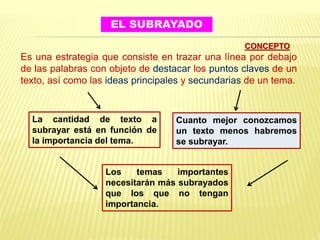 CONCEPTO
Es una estrategia que consiste en trazar una línea por debajo
de las palabras con objeto de destacar los puntos claves de un
texto, así como las ideas principales y secundarias de un tema.
EL SUBRAYADO
La cantidad de texto a
subrayar está en función de
la importancia del tema.
Los temas importantes
necesitarán más subrayados
que los que no tengan
importancia.
Cuanto mejor conozcamos
un texto menos habremos
se subrayar.
 