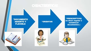 *DOCUMENTO
ABIERTO Y
FLEXIBLE
*ORIENTAR
*PRESCRIPTIVO(
es decir regular o
establecer
documentos )
 