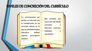 La estructuración por
niveles, es coherente con
la consideración de un
currículo abierto en lo
que las administraciones
educativas definan
aspectos prescriptivos
mínimos.
Que permiten una
concreción del diseño
curricular a
diferentes contextos,
realidades y
necesidades .
 