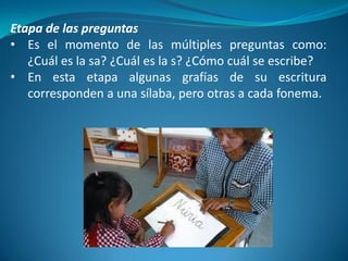 Etapa de las preguntas 
•Es el momento de las múltiples preguntas como: ¿Cuál es la sa? ¿Cuál es la s? ¿Cómo cuál se escribe? 
•En esta etapa algunas grafías de su escritura corresponden a una sílaba, pero otras a cada fonema.  