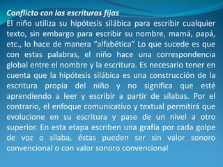 Conflicto con las escrituras fijas
El niño utiliza su hipótesis silábica para escribir cualquier
texto, sin embargo para escribir su nombre, mamá, papá,
etc., lo hace de manera “alfabética” Lo que sucede es que
con estas palabras, el niño hace una correspondencia
global entre el nombre y la escritura. Es necesario tener en
cuenta que la hipótesis silábica es una construcción de la
escritura propia del niño y no significa que esté
aprendiendo a leer y escribir a partir de sílabas. Por el
contrario, el enfoque comunicativo y textual permitirá que
evolucione en su escritura y pase de un nivel a otro
superior. En esta etapa escriben una grafía por cada golpe
de voz o sílaba, éstas pueden ser sin valor sonoro
convencional o con valor sonoro convencional
 