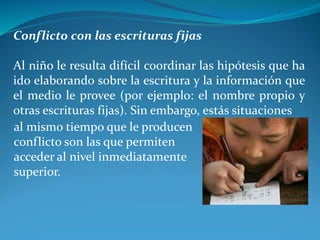 Conflicto con las escrituras fijas
Al niño le resulta difícil coordinar las hipótesis que ha
ido elaborando sobre la escritura y la información que
el medio le provee (por ejemplo: el nombre propio y
otras escrituras fijas). Sin embargo, estás situaciones
al mismo tiempo que le producen
conflicto son las que permiten
acceder al nivel inmediatamente
superior.
 
