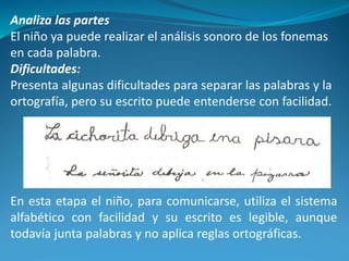 Analiza las partes
El niño ya puede realizar el análisis sonoro de los fonemas
en cada palabra.
Dificultades:
Presenta algunas dificultades para separar las palabras y la
ortografía, pero su escrito puede entenderse con facilidad.
En esta etapa el niño, para comunicarse, utiliza el sistema
alfabético con facilidad y su escrito es legible, aunque
todavía junta palabras y no aplica reglas ortográficas.
 