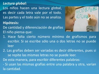 Lectura global:
Los niños hacen una lectura global,
es decir cada letra vale por el todo.
Las partes y el todo aún no se analiza.
Hipótesis:
De cantidad y diferenciación de grafías
El niño piensa que:
1. Hace falta cierto número mínimo de grafismos para
escribir. Si se escribe sólo una o dos letras no se puede
leer
2. Las grafías deben ser variadas es decir diferentes, pues si
se repite las mismas letras no se puede leer.
De esta manera, para escribir diferentes palabras:
- Si usan las mismas grafías entre una palabra y otra, varían
la cantidad.
 