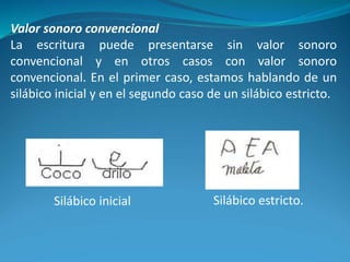 Valor sonoro convencional
La escritura puede presentarse sin valor sonoro
convencional y en otros casos con valor sonoro
convencional. En el primer caso, estamos hablando de un
silábico inicial y en el segundo caso de un silábico estricto.
Silábico inicial Silábico estricto.
 