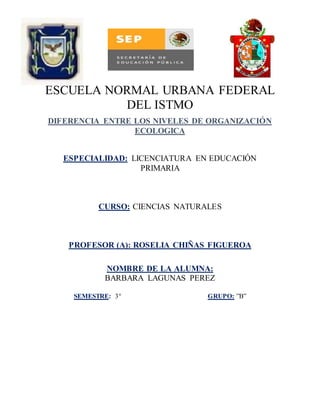 ESCUELA NORMAL URBANA FEDERAL
DEL ISTMO
DIFERENCIA ENTRE LOS NIVELES DE ORGANIZACIÓN
ECOLOGICA
ESPECIALIDAD: LICENCIATURA EN EDUCACIÓN
PRIMARIA
CURSO: CIENCIAS NATURALES
PROFESOR (A): ROSELIA CHIÑAS FIGUEROA
NOMBRE DE LA ALUMNA:
BARBARA LAGUNAS PEREZ
SEMESTRE: 3° GRUPO: ”B”
 
