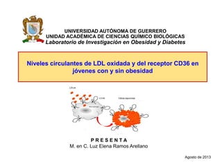 Niveles circulantes de LDL oxidada y del receptor CD36 en
jóvenes con y sin obesidad
UNIVERSIDAD AUTÓNOMA DE GUERRERO
UNIDAD ACADÉMICA DE CIENCIAS QUÍMICO BIOLÓGICAS
Laboratorio de Investigación en Obesidad y Diabetes
LDLox
Célula espumosa
P R E S E N T A
M. en C. Luz Elena Ramos Arellano
Agosto de 2013
 