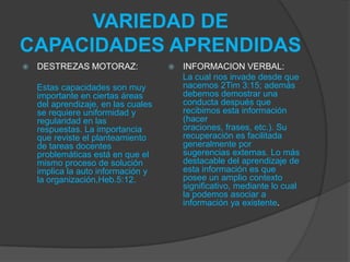 Analiza los resultados del aprendizaje que se divide en seis:Conjunto de formas básicas de aprendizaje Destrezas intelectualesInformación verbalEstrategias cognoscitivasEstrategias motricesActitudesCondiciones del aprendizaje, qué es lo que debe ser construido para la facilitación del aprendizaje?. Aquí se incluyen los eventos del aprendizaje, acordes al modelo de procesamiento de la información aquí presentado. 