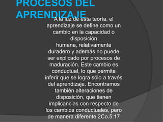 LAS CONDICIONES DEL APRENDIZAJEGagné enfatiza bastante en el  problema de las condiciones externas a la situación de aprendizaje. A la luz de sus conceptos, se identifican cuatro elementos en la situación de aprendizaje: El aprendiz. Situación de estimulación bajo la cual transcurrirá el aprendizaje, situación enseñanza-aprendizaje. Información preexistente en la memoria o también "conducta de entrada", la cual es la que lleva al aprendiz a la situación enseñanza-aprendizaje. Conducta final que se espera del aprendiz. 1Pd. 2:21